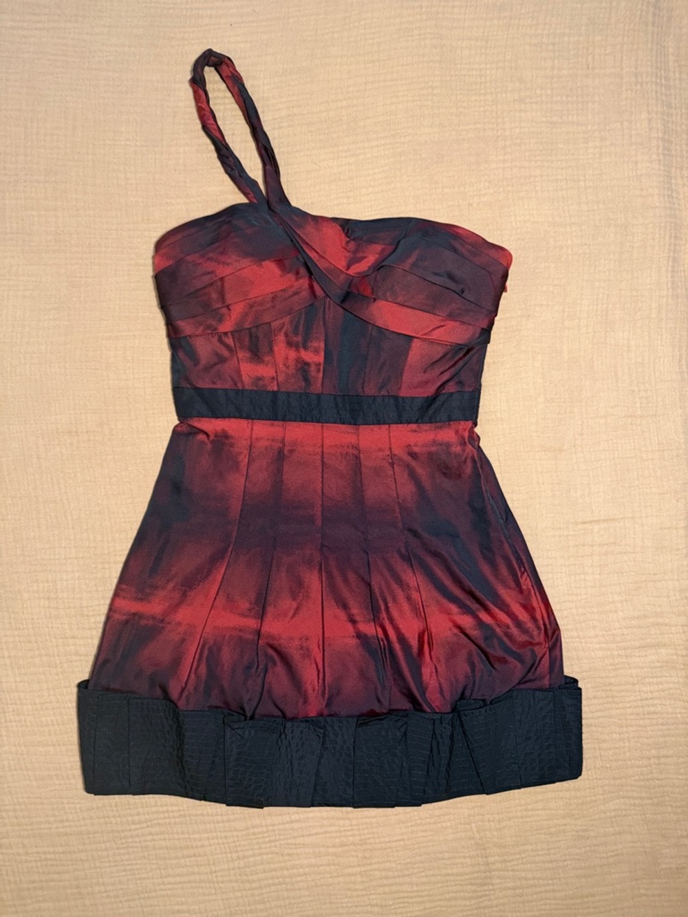 BCBGMAXAZRIA One-Shoulder Black and Red Ombre Mini Prom Dress